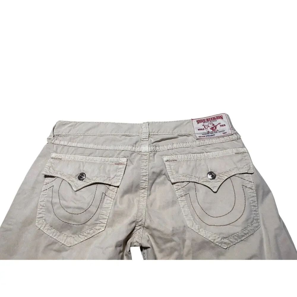 Vintage True Religion Straight Jeans Mens 38 Khaki Denim 5-Pocket Logo Outdoor